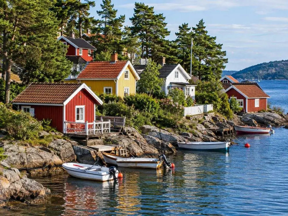 Small painted summer cabins packed close together along the low shore of Lindøya, red and yellow and white among pine trees, with moored dinghies at the water's edge.